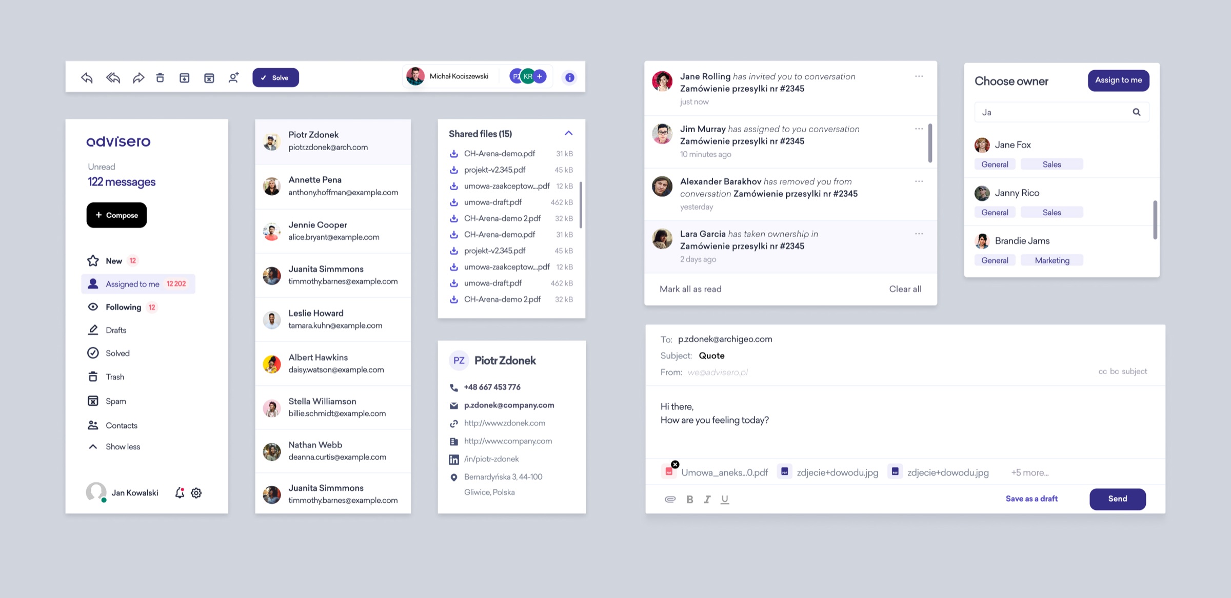 UI Components — conversation list, shared files, notifications, contact card, compose